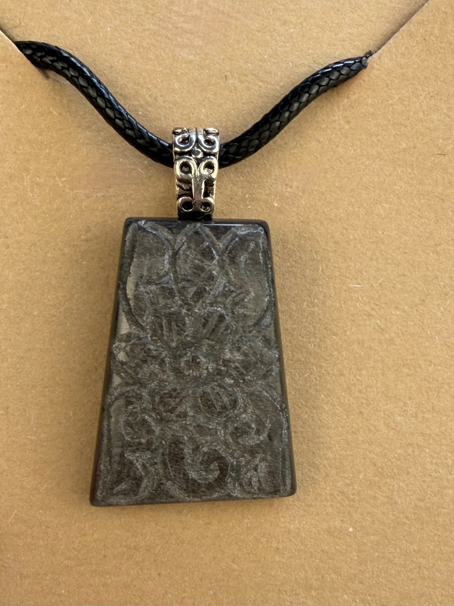 Carved Silver Sheen Obsidian Pendant Necklace