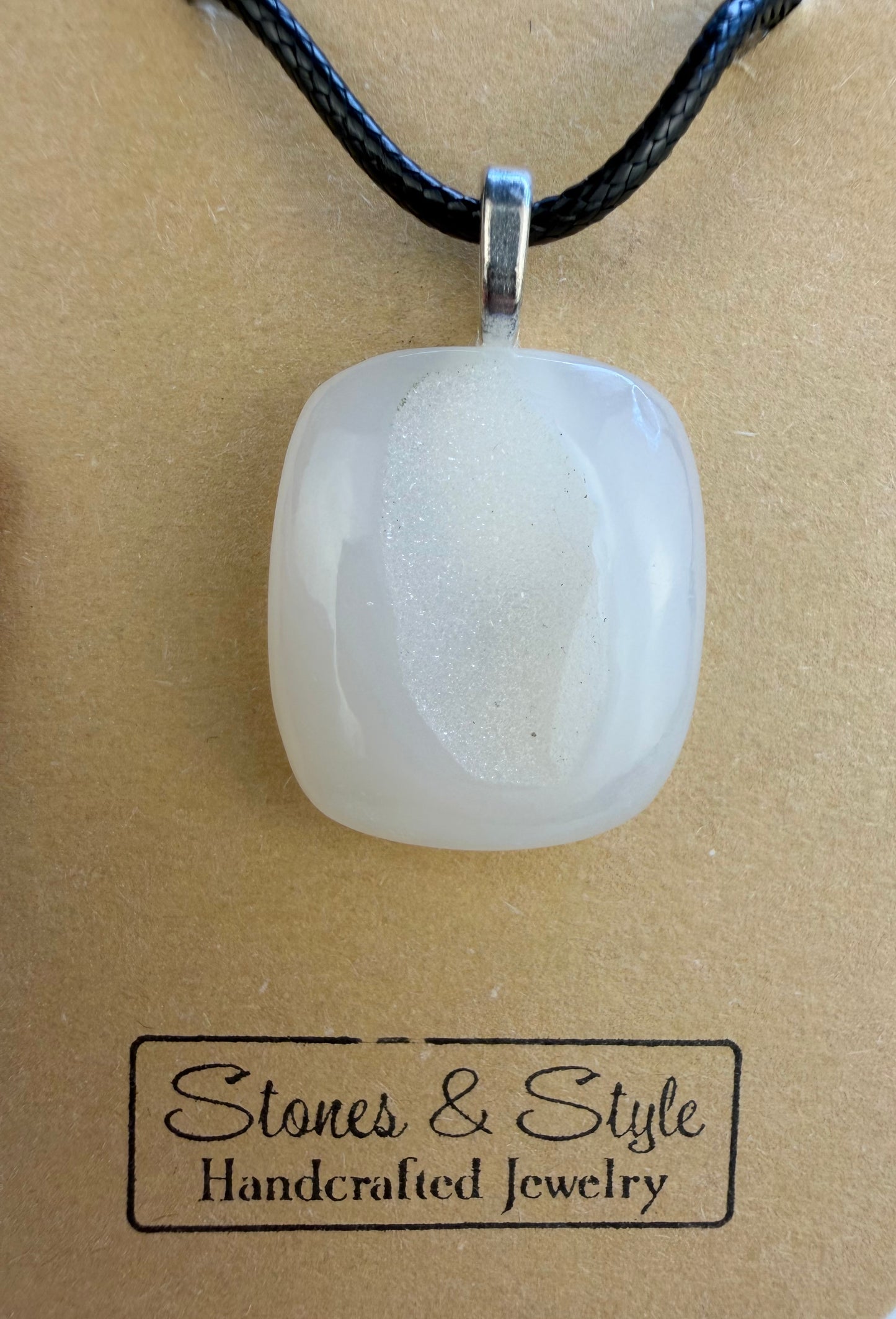 White Agate Pendant Necklace with Druzy