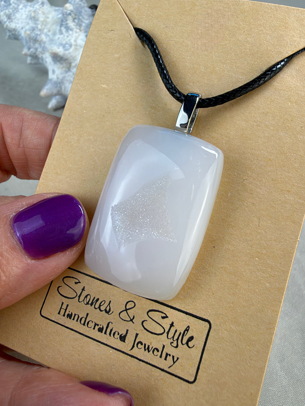 White Agate Pendant Necklace with Druzy