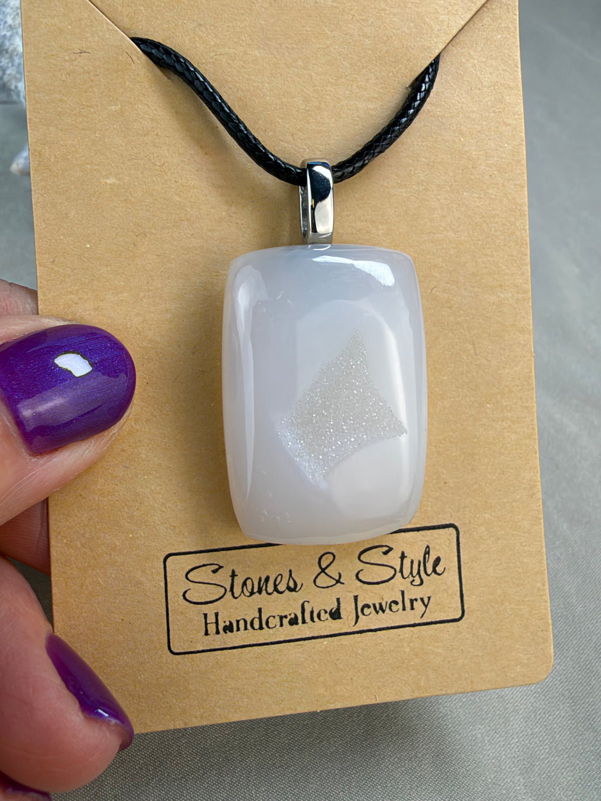 White Agate Pendant Necklace with Druzy