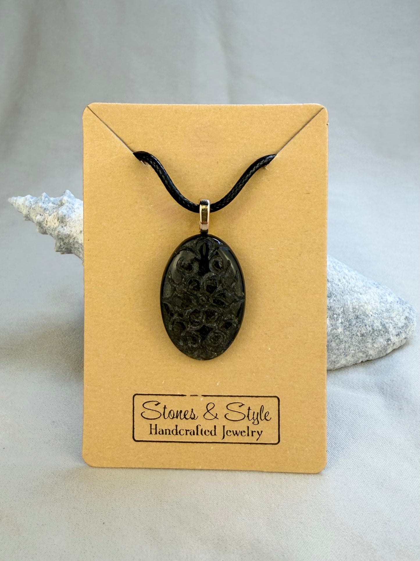 Carved Gold Sheen Obsidian Pendant Necklace