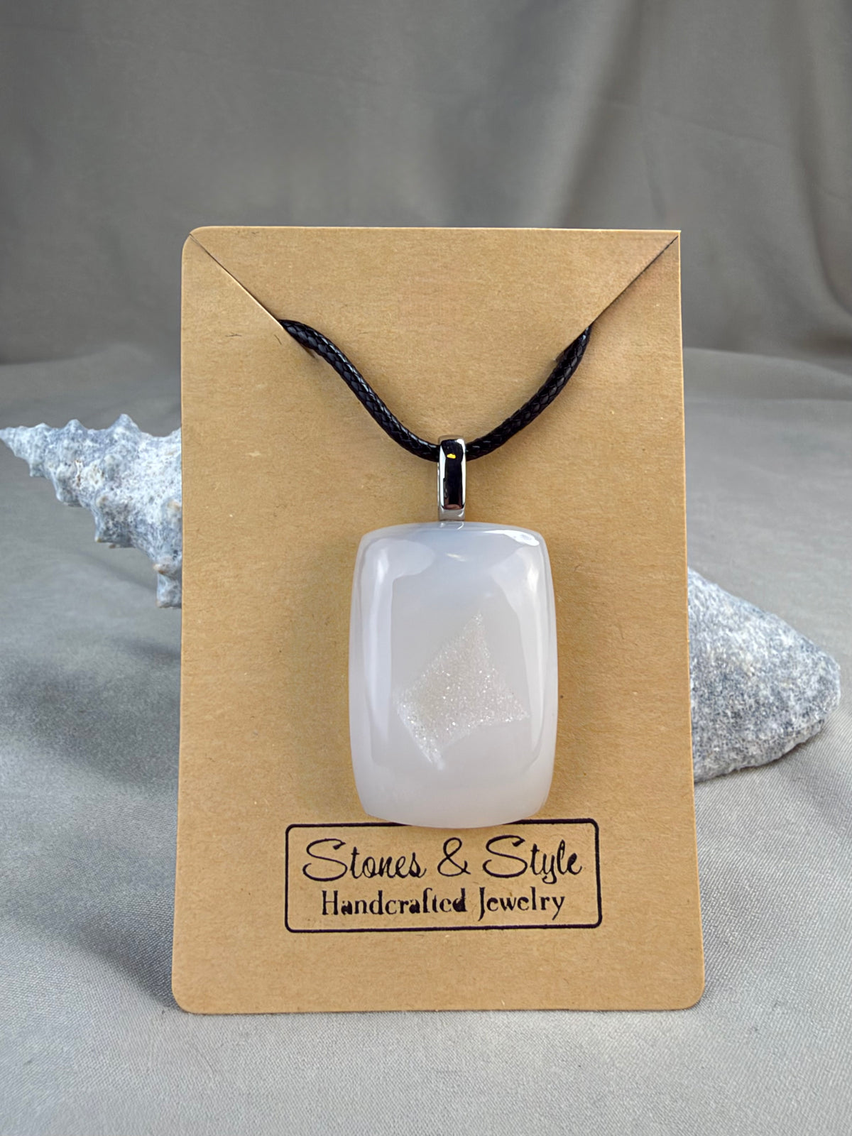 White Agate Pendant Necklace with Druzy