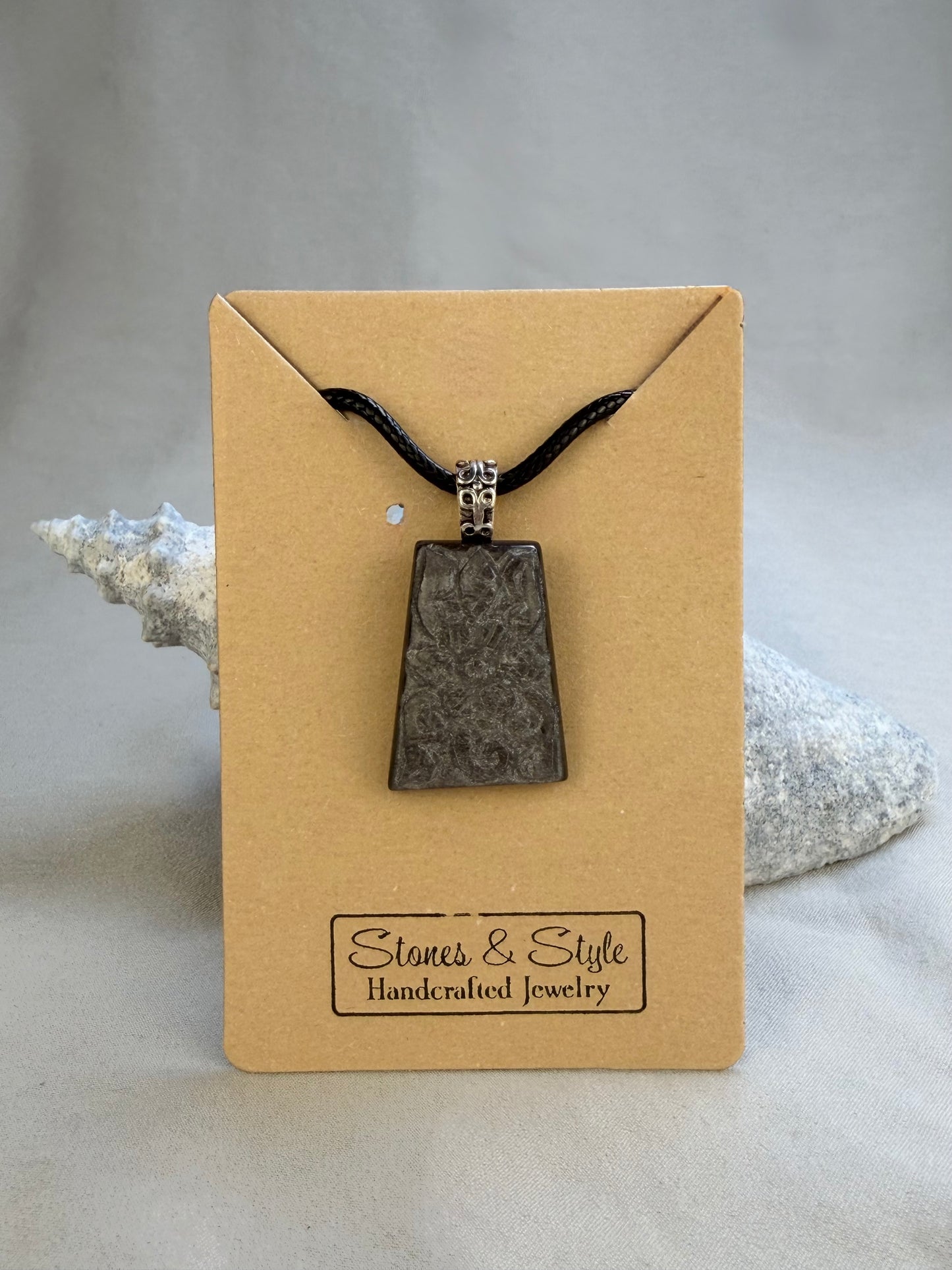 Carved Silver Sheen Obsidian Pendant Necklace
