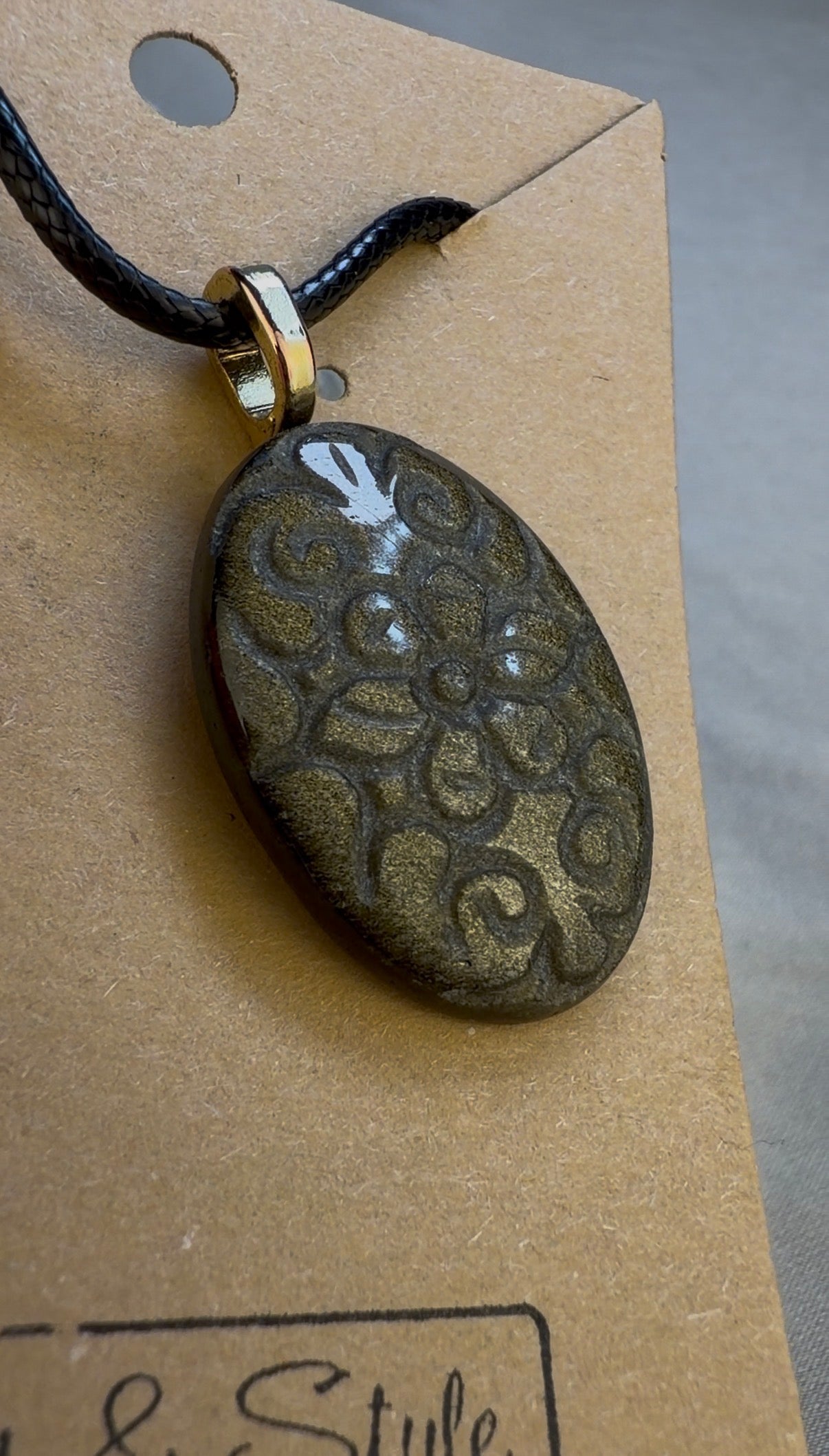 Carved Gold Sheen Obsidian Pendant Necklace