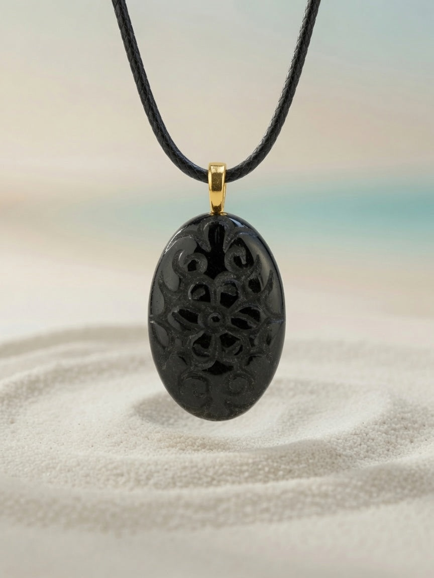 Carved Gold Sheen Obsidian Pendant Necklace