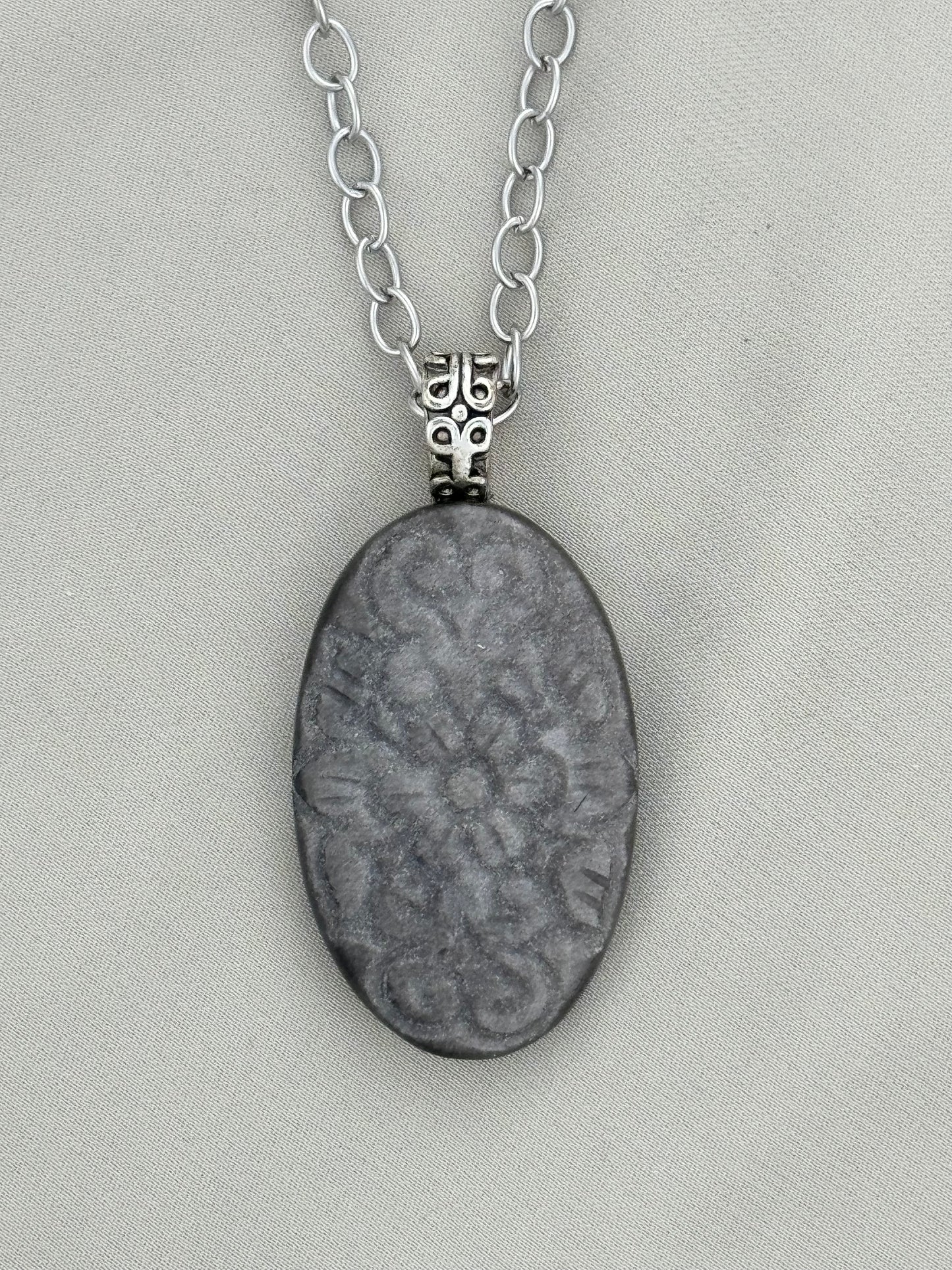 Carved Silver Sheen Obsidian Pendant Necklace