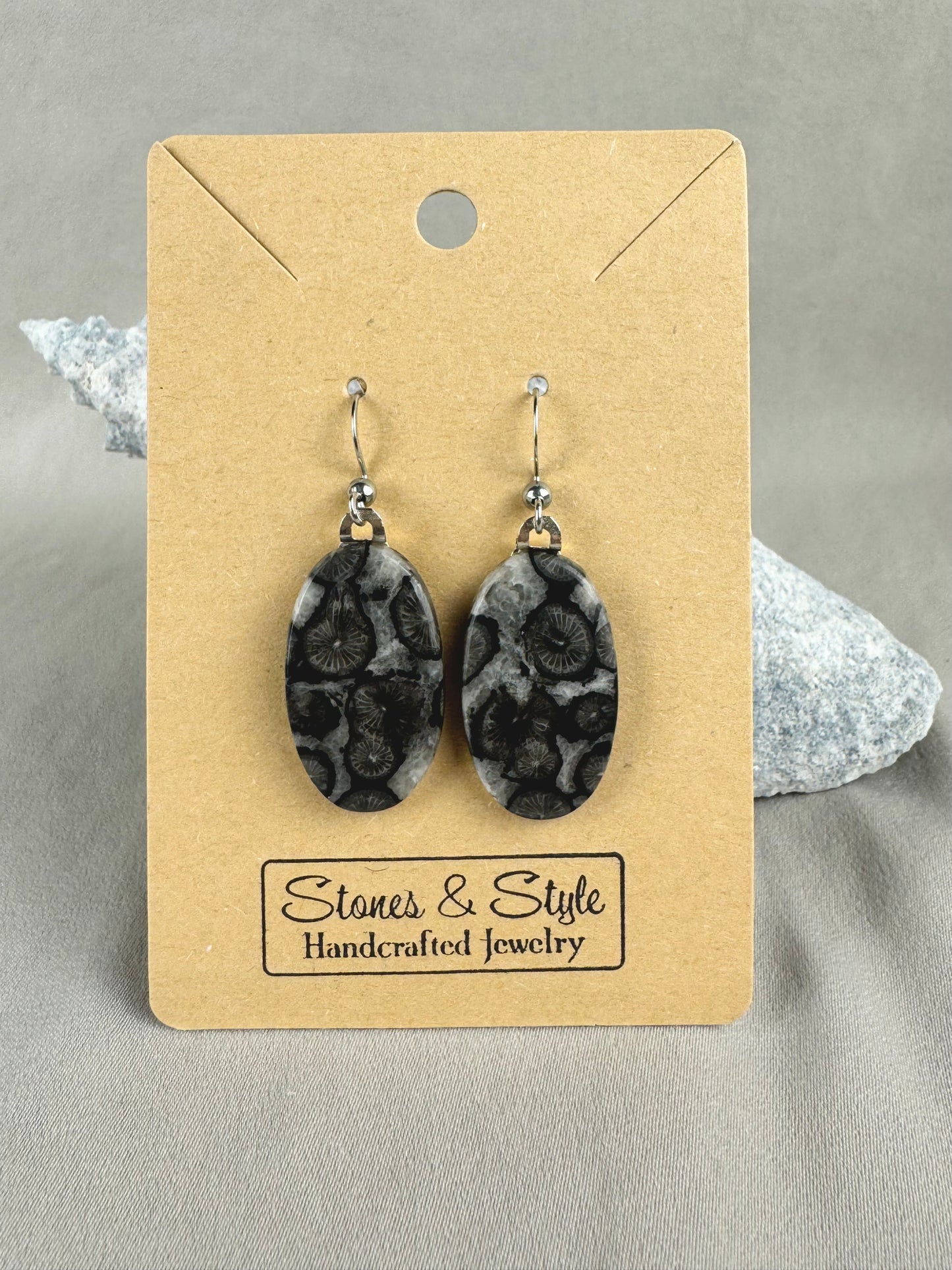 Black Fossil Coral French Hook Earrings