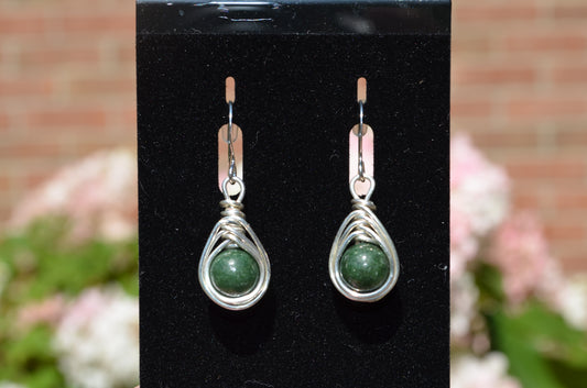 Silver Jade Green Herringbone Hook Earrings