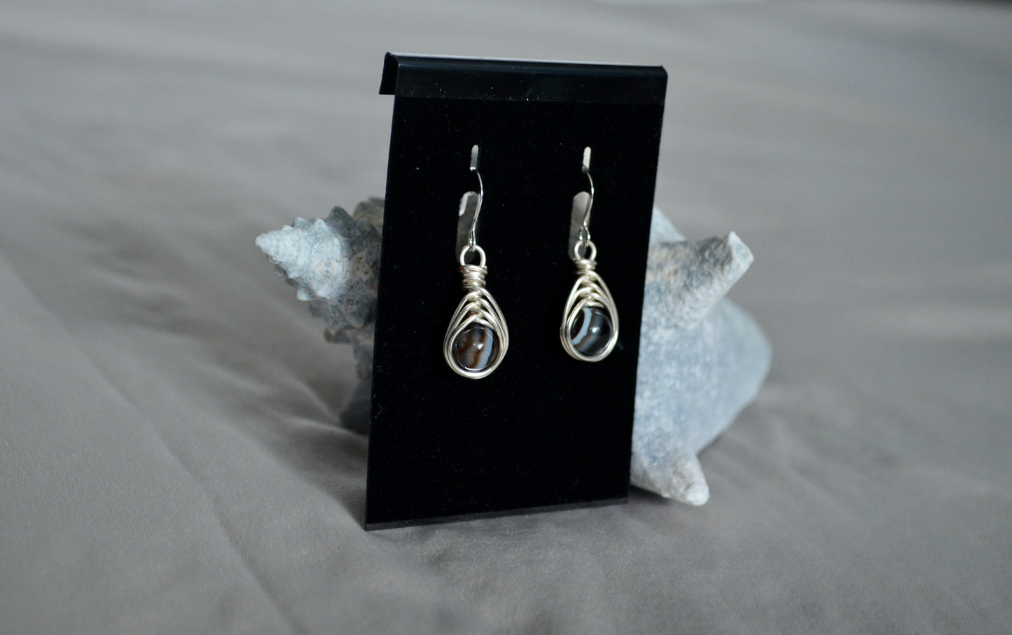 Silver Dark Blue Herringbone Hook Earrings