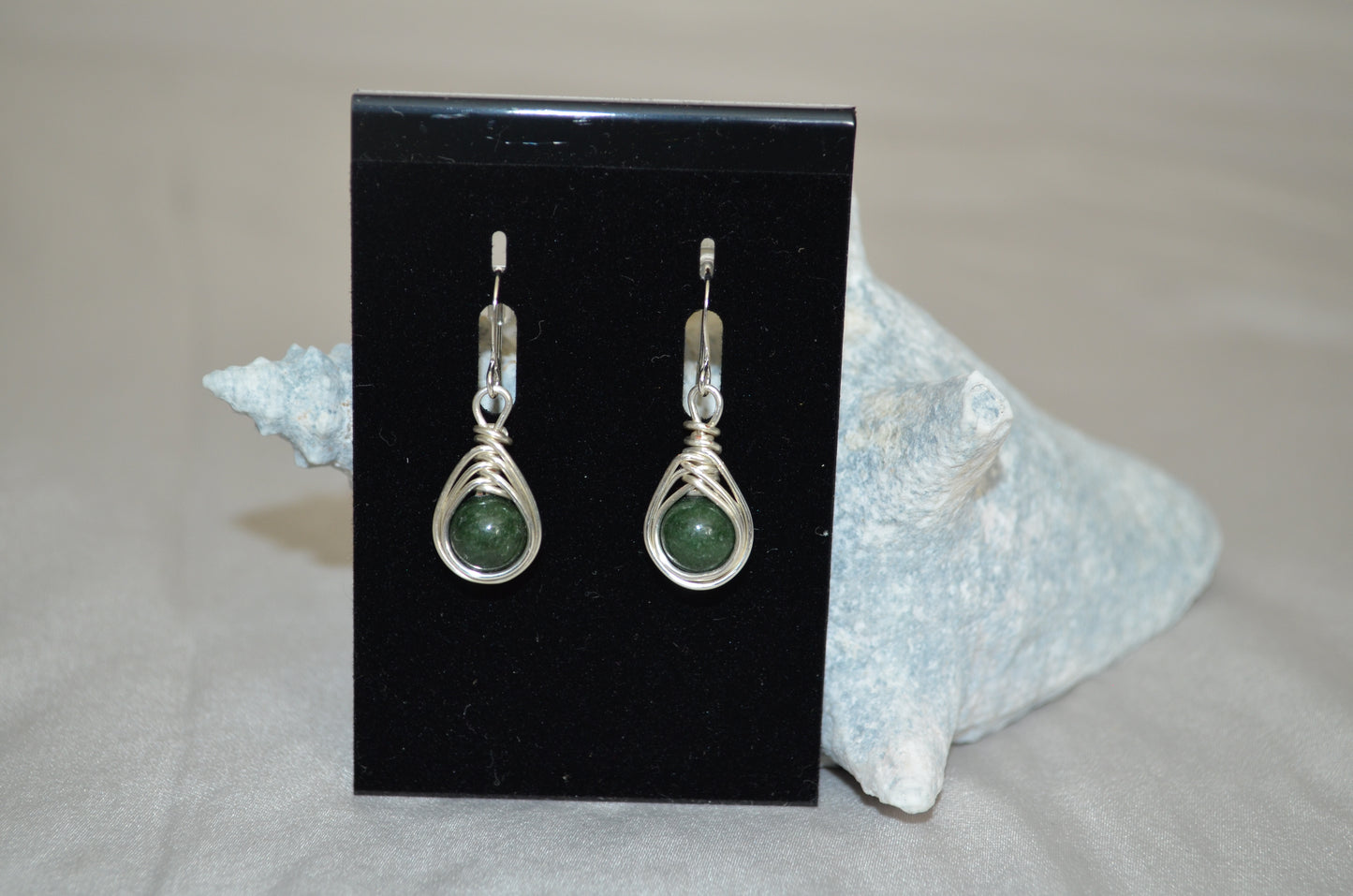 Silver Jade Green Herringbone Hook Earrings