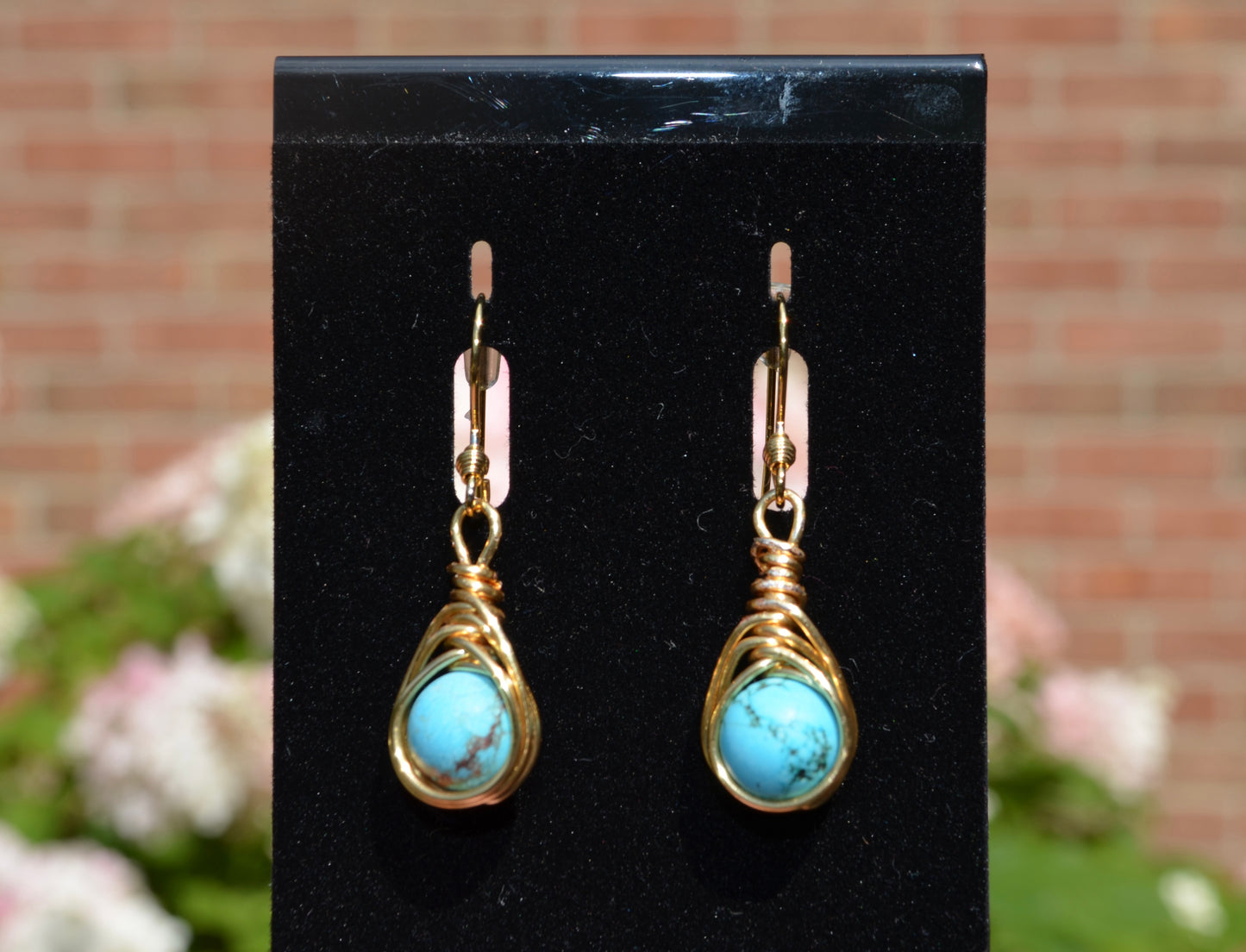 Gold Turquoise Blue Herringbone Hook Earrings