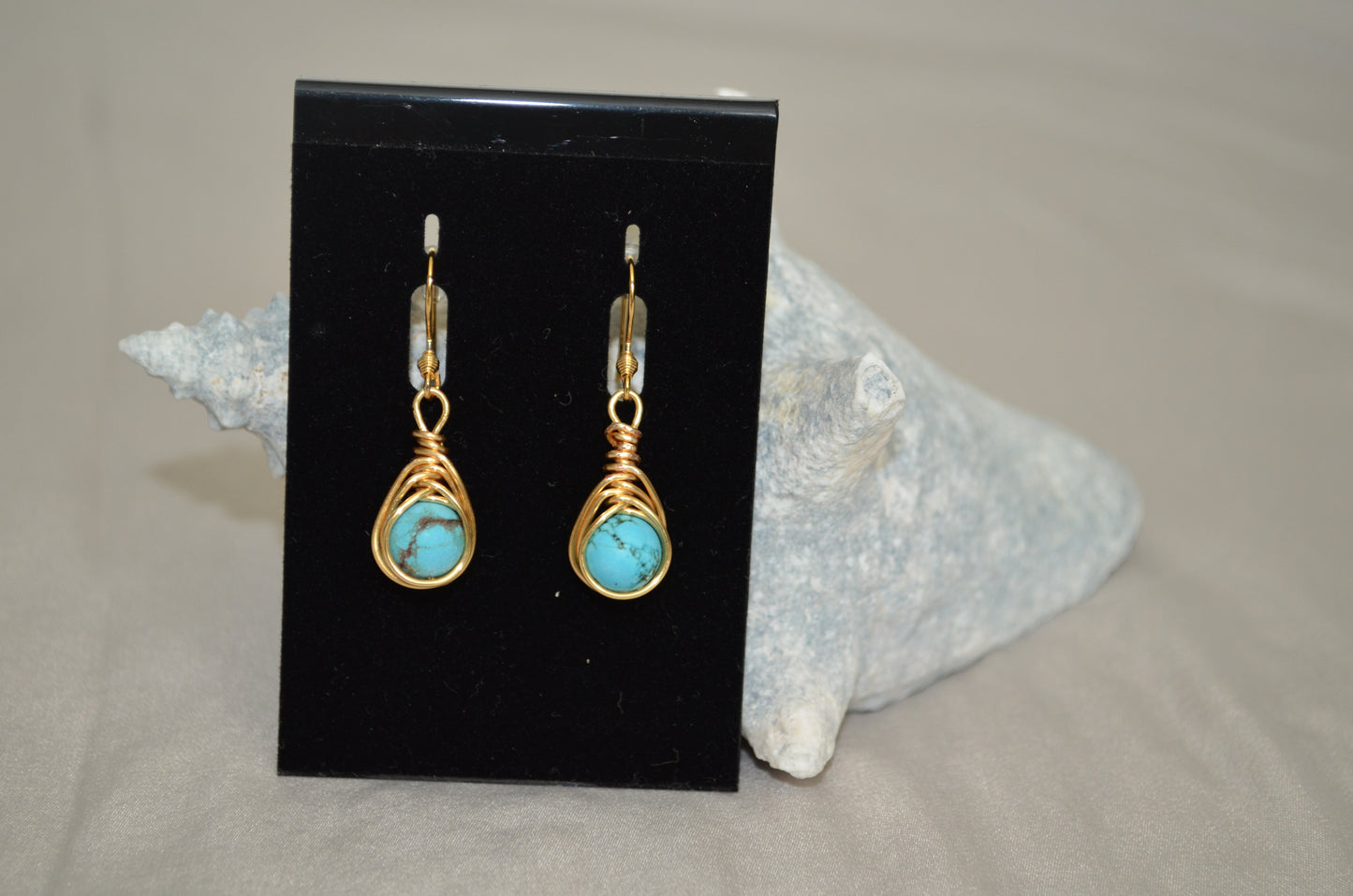 Gold Turquoise Blue Herringbone Hook Earrings