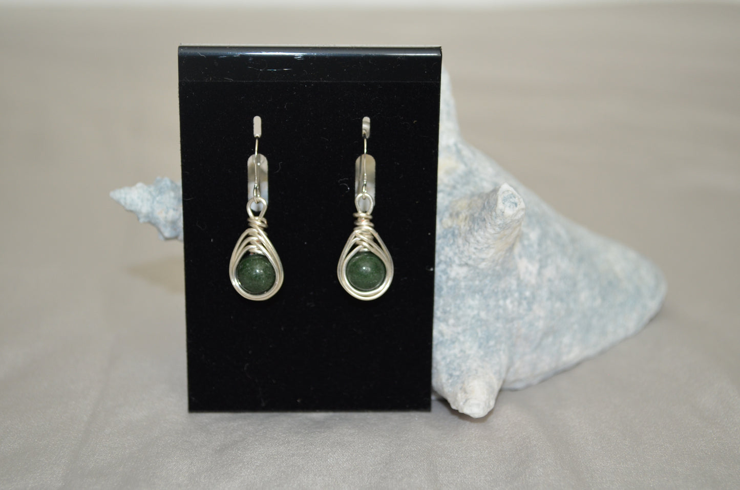 Silver Jade Green Herringbone Hook Earrings