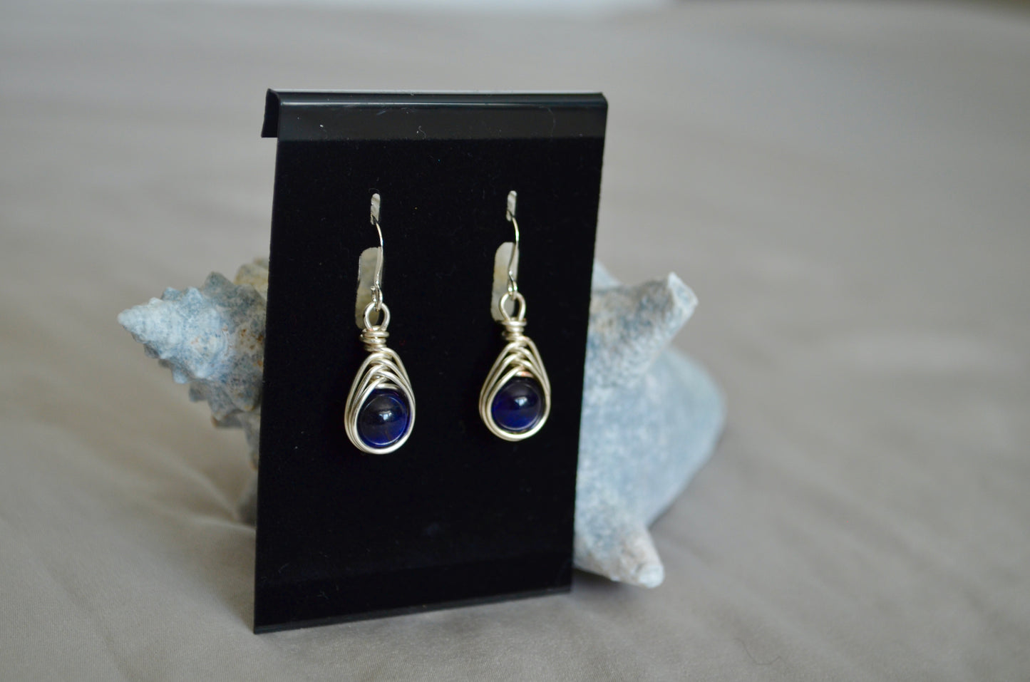 Silver Dark Blue Herringbone Hook Earrings