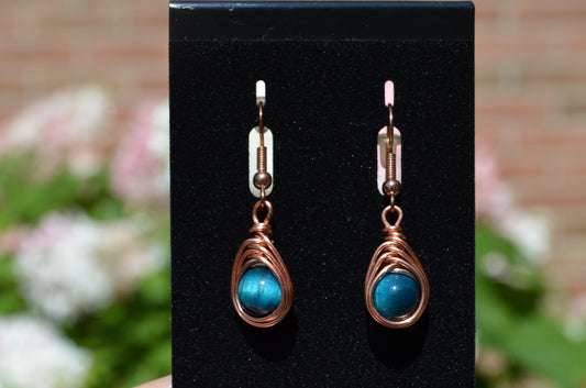 Copper Turquoise Herringbone Hook Earrings