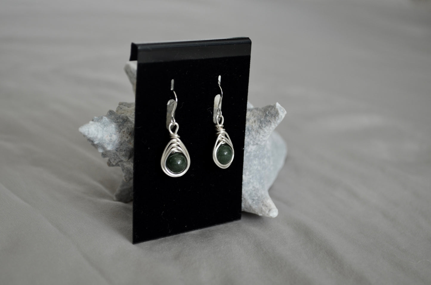 Silver Jade Green Herringbone Hook Earrings