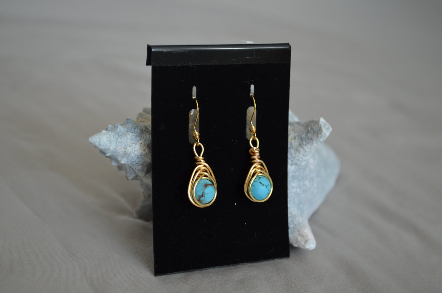 Gold Turquoise Blue Herringbone Hook Earrings